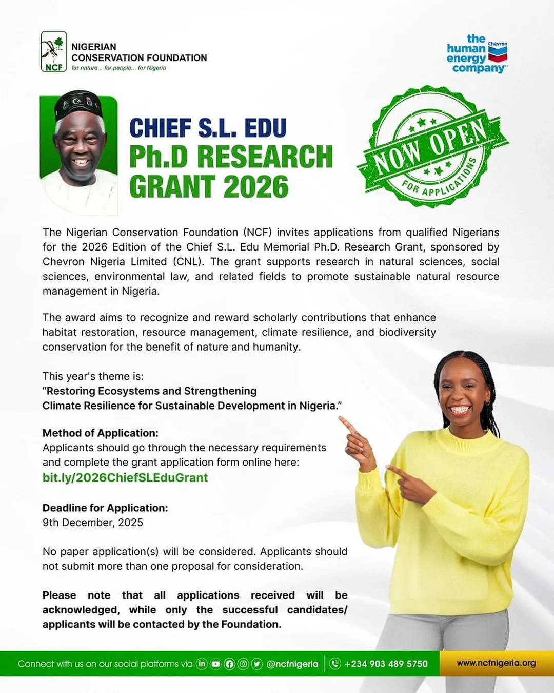 Nigerian Conservation Foundation (NCF) and Chevron Nigeria Limited (CNL) Research Grant