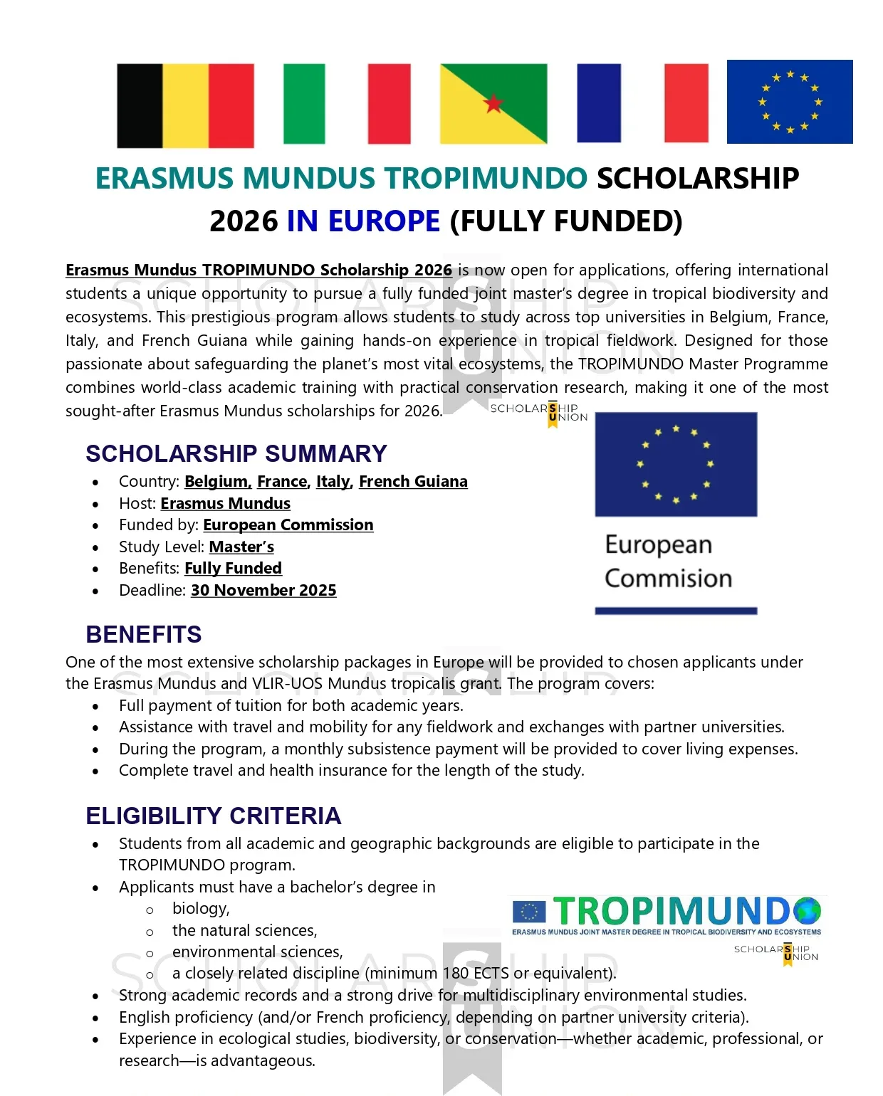 Erasmus Mundus TROPIMUNDO Master Scholarship 2026 – Fully Funded Study in Europe & Tropical Field Locations